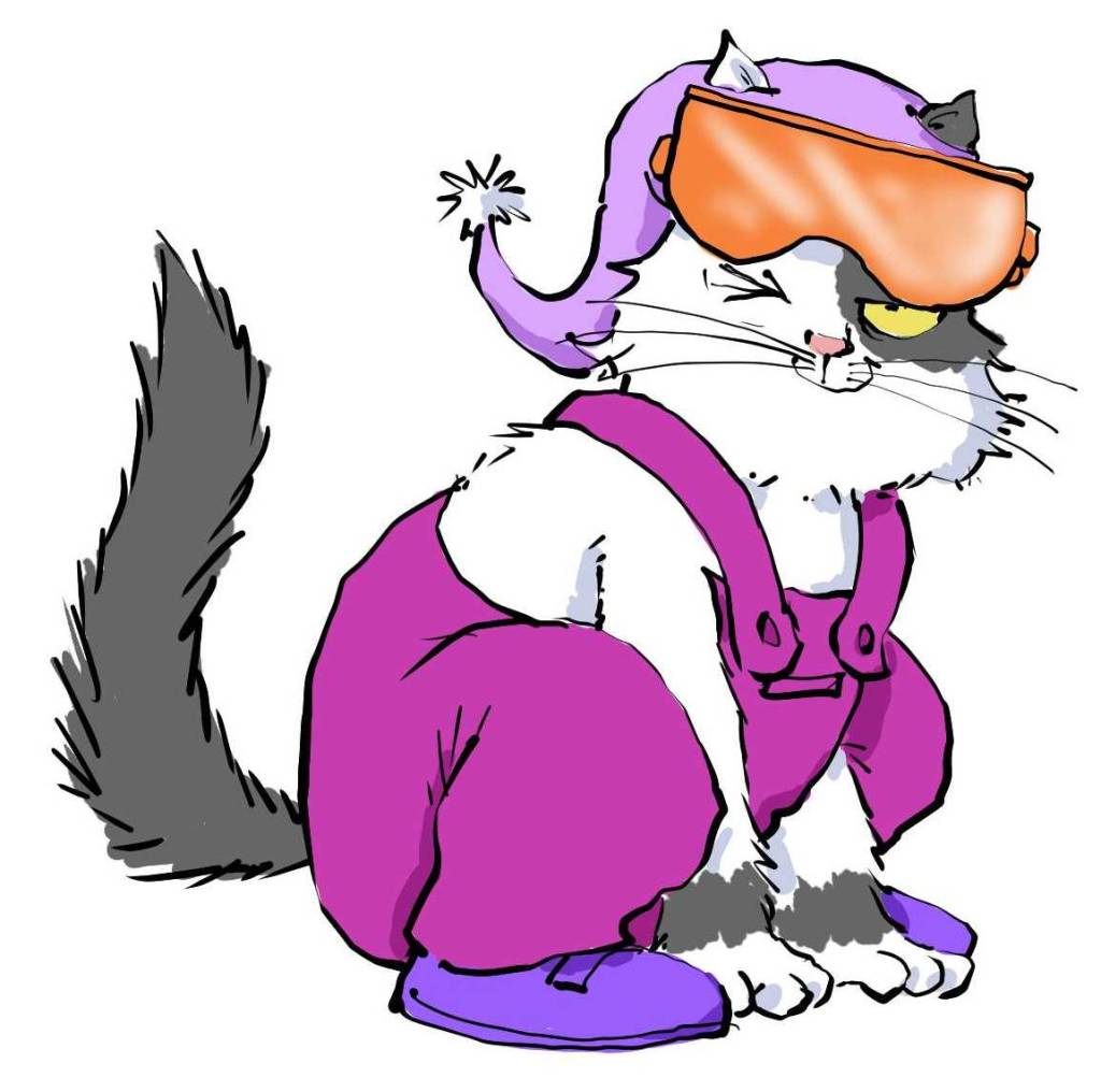 Grandma's cat, Gertrude, sporting skiing glasses and a snow suit